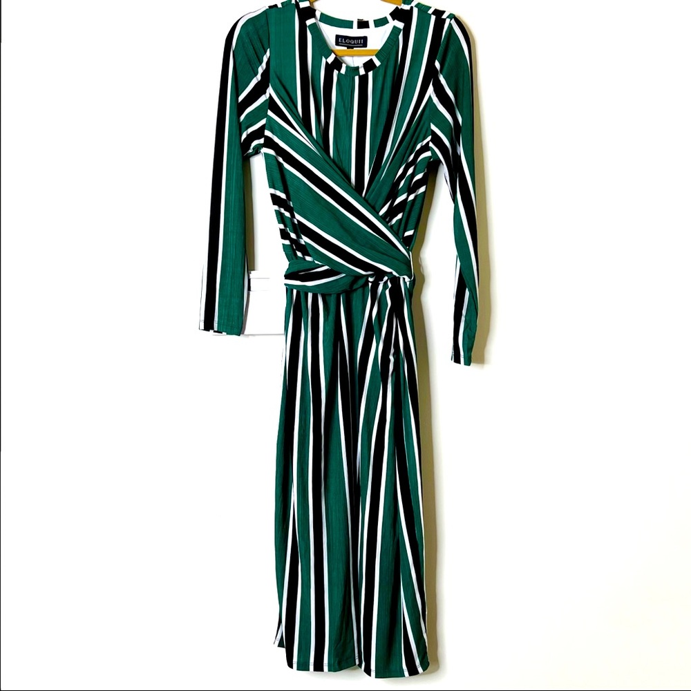 NWT Eloquii Green Black & White Striped Cross Front Dress Size 18